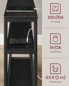 VASAGLE Slim Side Table With Charging Station, 3-Tier Narrow Bedside Table, End Table For Small Spaces, Magazine Rack, For Living Room, Bedroom, Study, Ebony Black And Ink Black - UK Plug(220-240V) - View 3