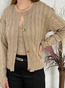 Winter Braided Coat And Tank Top - 3 Button Knit Twin Set - Knit Set - Beige - View 1
