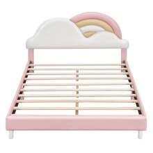 okwish lit enfant okwish 90x200cm, 140x200cm, lit simple, lit d'adolescent, lit rembourré, forme unique, tête de lit nuage arc-en-ciel, sommier à lattes en bois massif, PU, ​​rose (sans matelas)