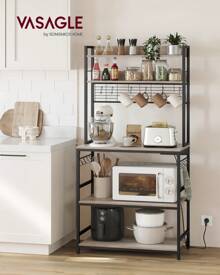 VASAGLE Kitchen Storage Rack With Power Outlet, Coffee Bar, Baker's Rack, With Metal Wire Panel, 14 Hooks, For Microwave, Steel Frame, 40 X 80 X 170 Cm, Greige And Ink Black