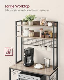 VASAGLE Kitchen Storage Rack With Power Outlet, Coffee Bar, Baker's Rack, With Metal Wire Panel, 14 Hooks, For Microwave, Steel Frame, 40 X 80 X 170 Cm, Greige And Ink Black