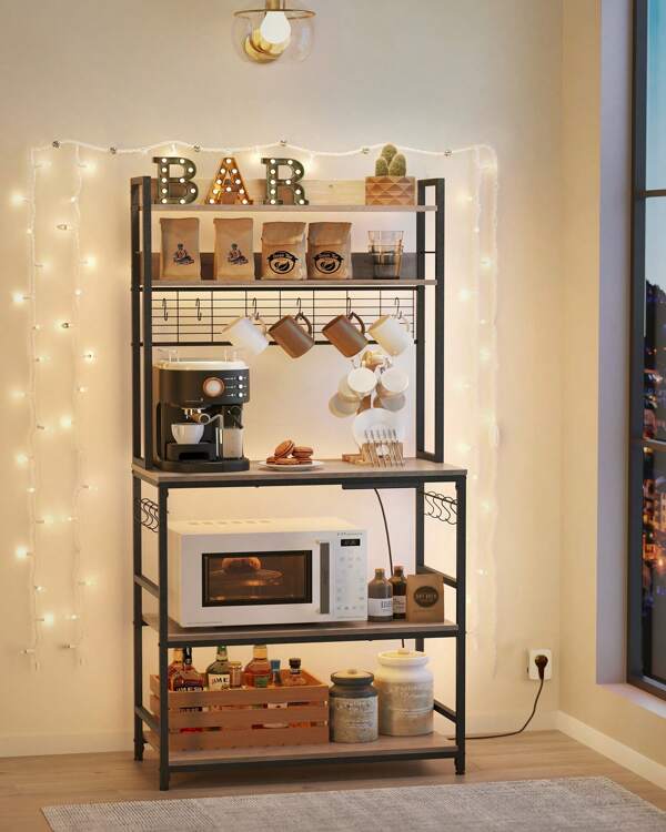VASAGLE Kitchen Storage Rack With Power Outlet, Coffee Bar, Baker's Rack, With Metal Wire Panel, 14 Hooks, For Microwave, Steel Frame, 40 X 80 X 170 Cm, Greige And Ink Black