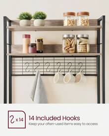 VASAGLE Kitchen Storage Rack With Power Outlet, Coffee Bar, Baker's Rack, With Metal Wire Panel, 14 Hooks, For Microwave, Steel Frame, 40 X 80 X 170 Cm, Greige And Ink Black