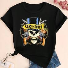 Guns N Roses Black T-Shirt For Women Blouse Baby Look Slim Fit T-Shirt - 黑色 - 查看 1