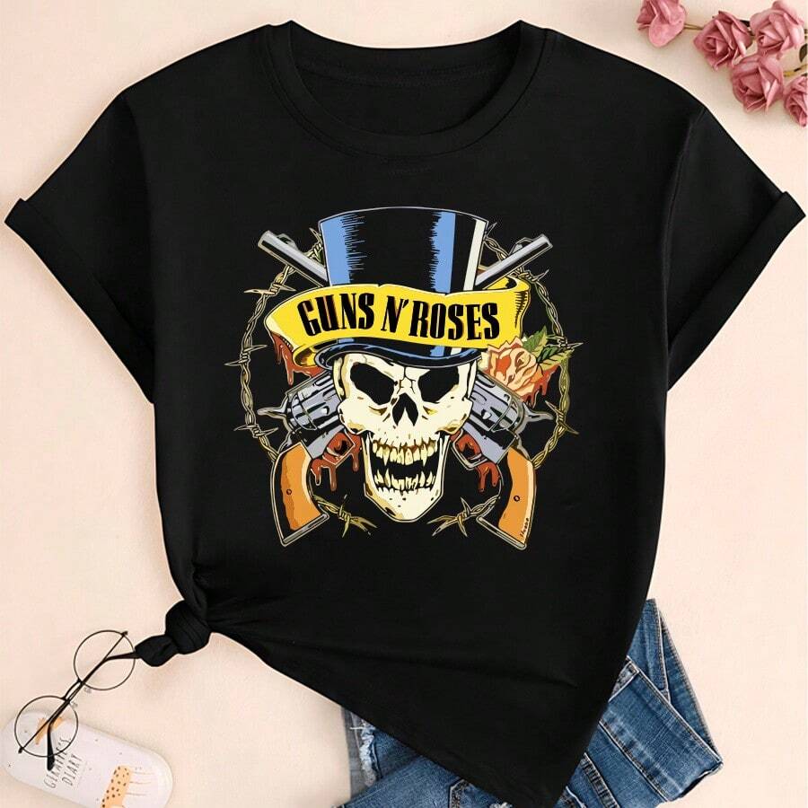 Guns N Roses Black T-Shirt For Women Blouse Baby Look Slim Fit T-Shirt - 黑色 - 查看 1