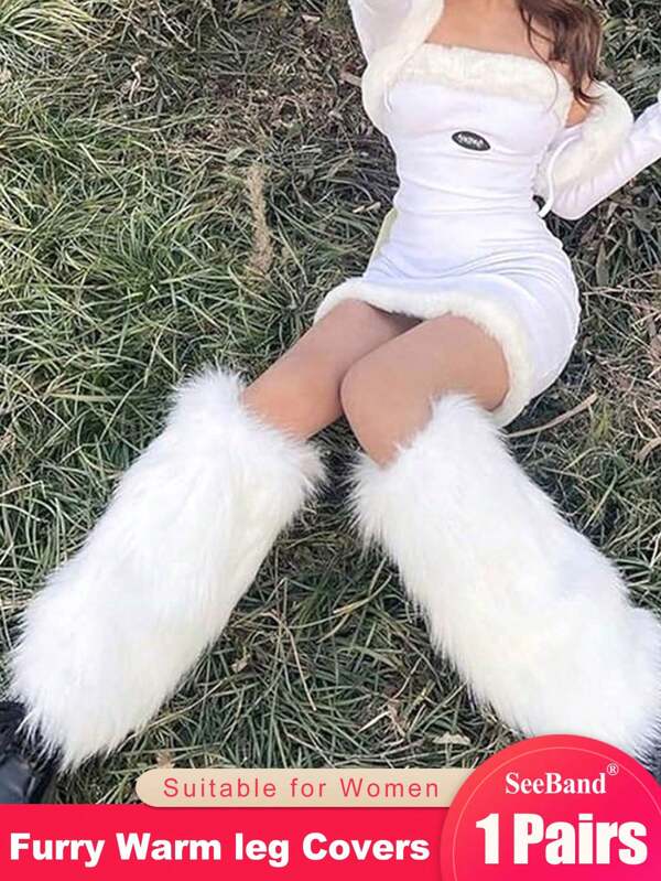 SeeBand 2Pairs Women Furry Leg Warmers Winter Fur Fluffy Leg Warmers Winter Boot Cuffs Covers Rave Party Accessories For Women Autumn Accessories