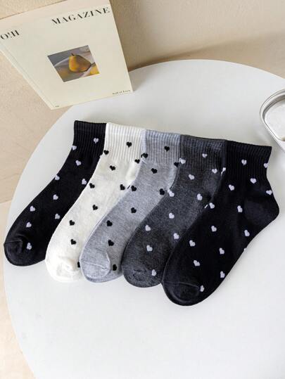 5 Pairs Women's Heart Patterned Casual Soft Ankle Socks