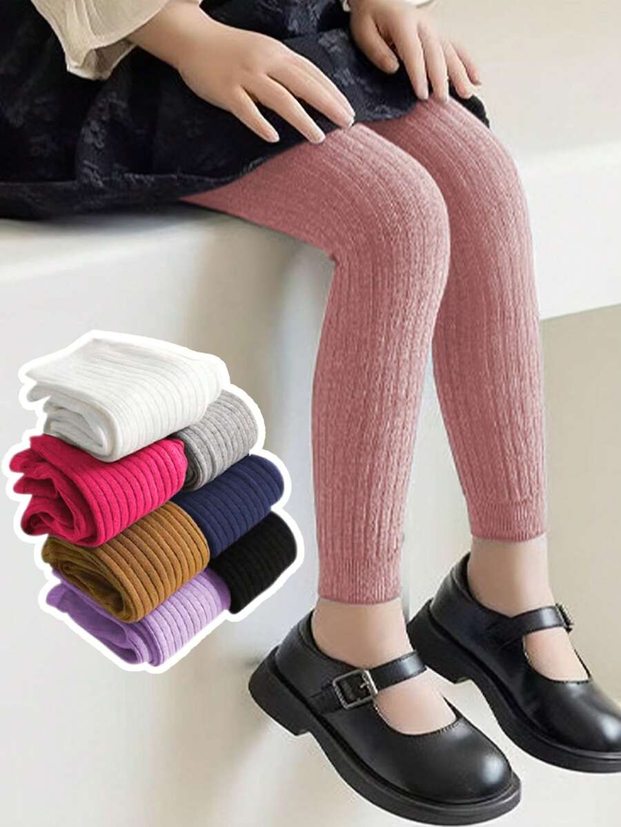 1pc Kids' Solid Color Thermal Leggings For Winter, Comfortable Soft Ribbed Tight Pants For Girls, Suitable For All Seasons - Pink - View 1