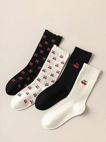 4 双女士厚款保暖袜子，樱桃印花，中筒日式中筒袜，芭蕾风格设计，秋季 - 彩色 - 查看 1