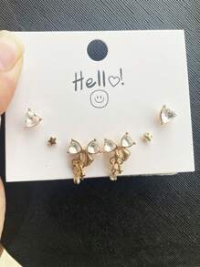 6pcs/Set Y2K Pink Heart Stud Earrings For Women Girls Bow Dangle Earring Set Sweet Crystal Bowknot Drop Earring Fashion Jewelry