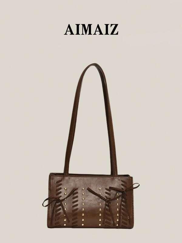 Moda Novo Estilo Coreano Arco Elemento Alça, Rebite, Baddie, Punk, Estilo Y2K, Bolsa Preta, Versátil Alta Qualidade Grande Capacidade Bolsa de Viagem de Axila, Bolsa de Ombro Feminina