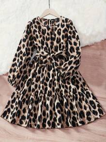 Vestido informal con estampado de leopardo para niñas pre-adolescentes
