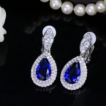 SEQUITO 2 Pieces Delicate Royal Blue Crystal Clips On Earrings Without Piercing Women Classic Teardrop Cubic Zirconia Party Prom Ear Jewelry For Non Hole Ears