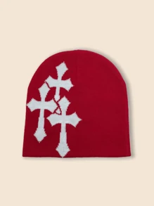 1 pieza Gorro tejido con diseño de cruz unisex estilo Y2k, gorro de punto cálido de hip hop y streetwear, adecuado para uso diario y deportes al aire libre