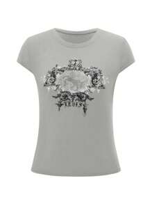 Women Y2K Short Sleeve Shirt Vintage Printing Round Neck Slim Fit Babydoll Tops Summer Casual T-Shirts Streetwear Gothic Aesthetic Clothes