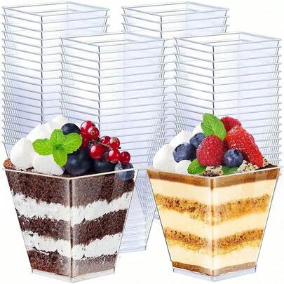 100 peças de copos de mousse de 60 ml, copos de sobremesa de plástico quadrados, copos de plástico descartáveis, copos de pudim de sorvete de bolo, perfeitos para aniversários, festas, casamentos, decoração de casamento, decoração de casa, decoração de quarto