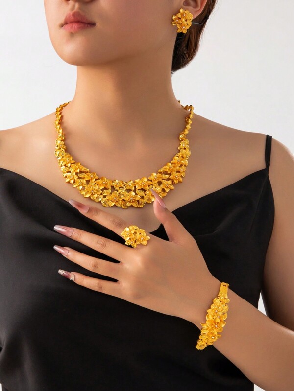 4 قطعة/طقم مجوهرات أسلوب دبي الذهب عيار 24 قيراط، قلادة للنساء، إكسسوارات الموضة السعودية