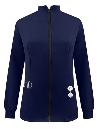 cimmuovere Dragkedjeförsedd knappslå Stativ krage Långärmad Scrub Uniform Top