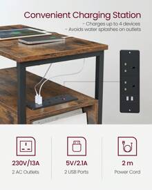 VASAGLE Slim Side Table With Charging Station, Narrow End Table With 2 Drawers, Bedside Table With Storage, For Living Room, Bedroom, Rustic Brown And Classic Black - UK Plug(220-240V) - View 3