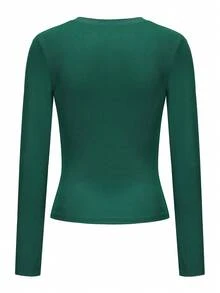Atasan Lengan Panjang Slim Fit Wanita, Kemeja Lapisan Dasar yang Nyaman dan Elastis untuk Kru - Hijau - View 4