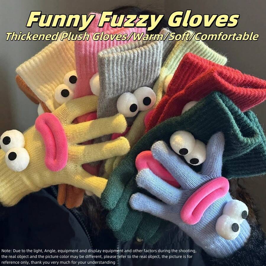 1双趣味针织手套，可爱表情情侣针织手套，趣味3D设计，防风保暖，秋冬季针织手套，适合聚会、玩耍和寒冷天气，送给家人和朋友的创意节日礼物，圣诞节礼物，冬季手套 - 彩色 - 查看 1
