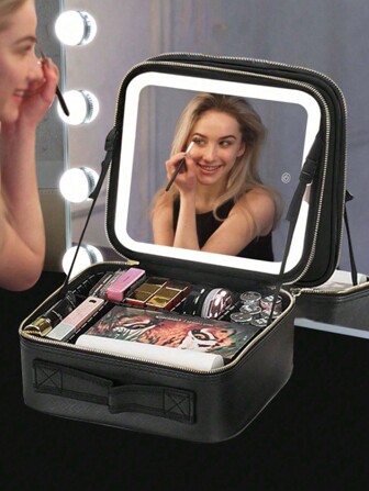 Reismake-uptas met spiegel van LED-verlichte make-uptreinkoffer met verstelbare verdelers, make-uptas met spiegel voor reisopbergtas, make-uptas, cosmeticatas, vakantieorganizer, grote capaciteit make-uporganizer make-uptas, voor lippenstift, kwast, huidverzorging, mobiele telefoon, munt, kleine artikelen, voor thuis, cadeau, vakantie en festival Halloween Kerstmis multifunctioneel gebruik, Boho-vibes