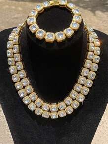 kuuioe 1 件几何立方体水钻闪光设计冰淇淋项链和手链，多种尺寸，时尚男女通用钻石镶嵌嘻哈风格项链 - 方塊 - 查看 10