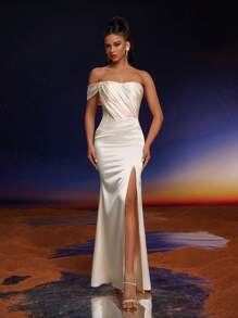 AnyMoon Women Strapless Side Ruched Slit Fishtail Bridesmaid Dress - Apricot - View 4