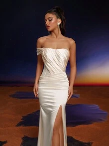 AnyMoon Women Strapless Side Ruched Slit Fishtail Bridesmaid Dress - Apricot - View 6