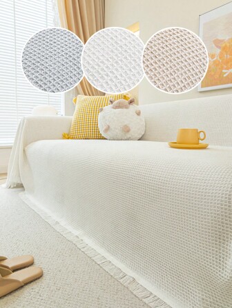 1pc Plain Waffle Texture Sofa Cover, Simple Style With Tassels, Durable & Machine Washable Universal Furniture Protector, For Living Room Home Decor Sofa Blanket Cover Gifts Birthday Graduation