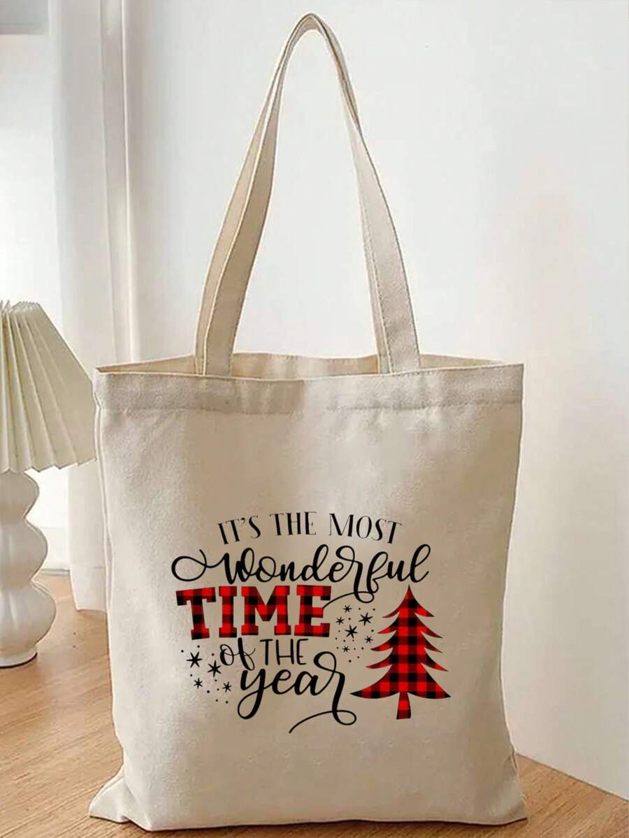 Túi Tote Họa Tiết Chữ Cây Thông Noel Túi Mua Sắm Nhẹ Gấp Gọn, Túi Xách Thời Trang Và Giản Dị Dung Tích Lớn, Túi Đeo Vai, Thích Hợp Cho Sinh Viên Đại Học Đựng Đồ Dùng Chuẩn Bị Trở Lại Trường Học, Sách Vở Và Phụ Kiện Điện Thoại Di Động. Mỹ Phẩm Du Lịch Cho Nam Và Nữ, Túi Đựng Đồ Mua Sắm, Quà Tặng Cho Mẹ, Bạn Bè Và Giáo Viên (Nhiều Lựa Chọn Họa Tiết), Ý Tưởng Quà Tặng Giáng Sinh Sáng Tạo - Màu be - Xem 1
