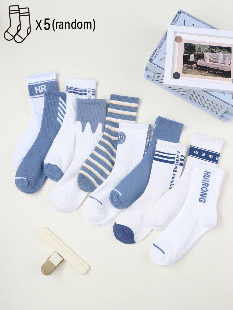 5 đôi tất dài đến bắp chân phong cách đại học thời trang đa năng đơn giản thường ngày cho nam - Nhiều màu - Xem 1