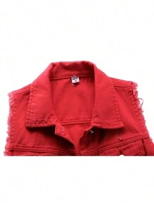 Women's Classic Washed Denim Vest, Sleeveless Solid Color Button Down Jean Jacket - Red - View 2