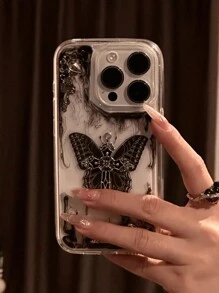 Ốp điện thoại phong cách Gothic đen, kiểu Punk tối màu, hình bướm và chữ thập, tương thích với iPhone 16 15 14 13 12 Pro Max Plus 11. Ốp lưng mềm trong suốt bằng nhựa epoxy thời trang, họa tiết màu nước đen sáng tạo, quà tặng sinh nhật, kỷ niệm. - bướm đen nhòe - Xem 2