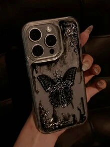 Ốp điện thoại phong cách Gothic đen, kiểu Punk tối màu, hình bướm và chữ thập, tương thích với iPhone 16 15 14 13 12 Pro Max Plus 11. Ốp lưng mềm trong suốt bằng nhựa epoxy thời trang, họa tiết màu nước đen sáng tạo, quà tặng sinh nhật, kỷ niệm. - bướm đen nhòe - Xem 3