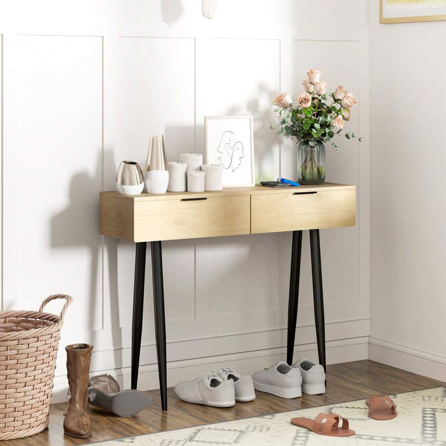 HOMCOM Mesa Consola Mueble para Recibidor con 2 Cajones y Patas de Acero Consola para Recibidor Entrada Pasillo 100x30x80,5 cm Roble - Caqui - Ver 1