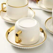 Ceramic Teacup And Saucer Set, European-Style Gold Rim Drinkware For Coffee, Tea, Party, Home, Garden, Restaurant, Suitable For Summer And Winter Back To School