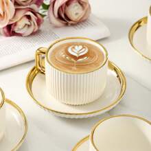 Ceramic Teacup And Saucer Set, European-Style Gold Rim Drinkware For Coffee, Tea, Party, Home, Garden, Restaurant, Suitable For Summer And Winter Back To School