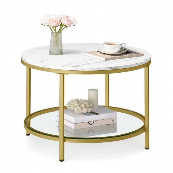 VASAGLE Table Basse, Table de Salon, Table Canapé Apéro, Façon Marbre, Support en Verre Trempé, Facile à Assembler, pour Salon, Style Moderne, Blanc Marbré + Doré Métallique