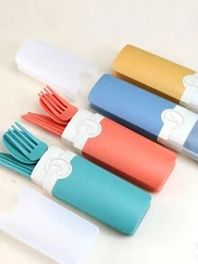 5pcs Plastic Cutlery Set With Box, Portable Reusable Utensils - Multicolor - View 4