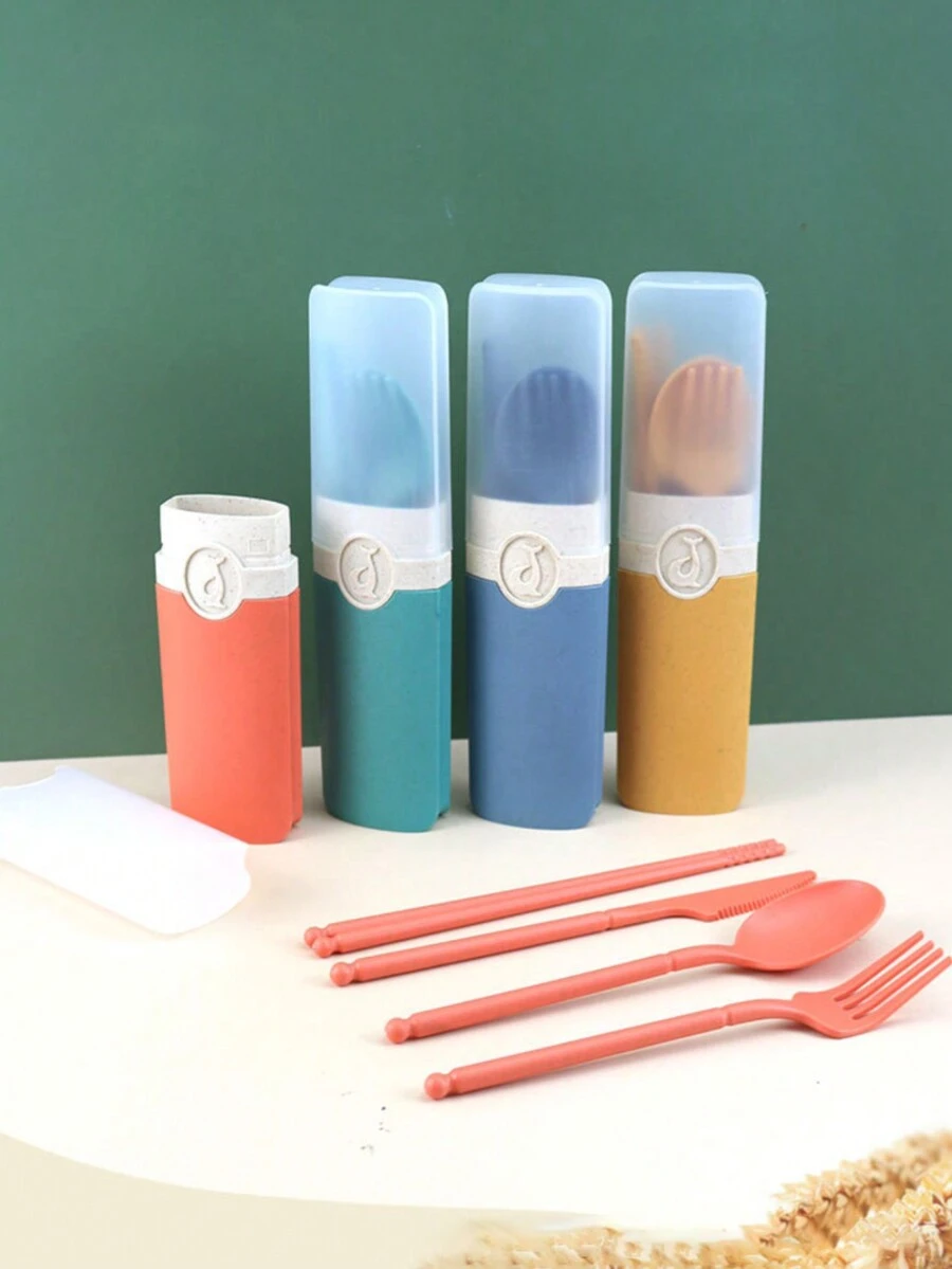 5pcs Plastic Cutlery Set With Box, Portable Reusable Utensils - Multicolor - View 1
