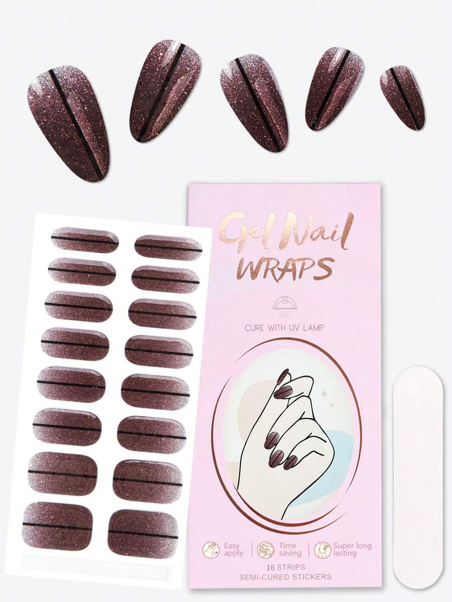 16 miếng dán móng tay gel UV sọc kiểu Pháp màu nâu hình bầu dục, lâu trôi, dễ dán, thích hợp cho tiệc khiêu vũ, tiệc trà chị em