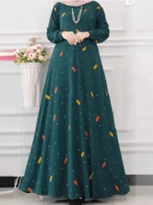 Bohemian Style Long Sleeve Round Neck Pleated Leaf Print A-Line Midi Dress