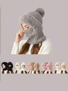 1pc Women Multicolor Knitted Fluffy Warm Hat With Neck Warmer, Windproof Beanie Hat For Outdoor Cycling In Autumn/Winter