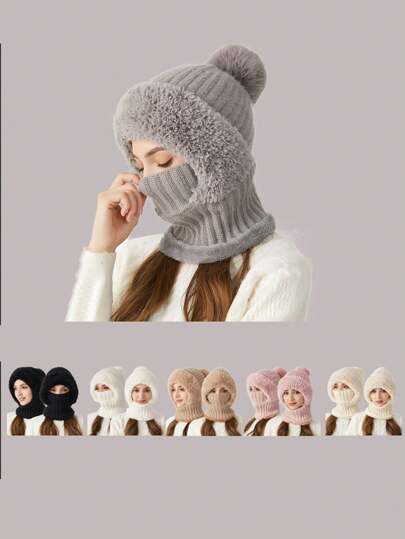 1pc Women Multicolor Knitted Fluffy Warm Hat With Neck Warmer, Windproof Beanie Hat For Outdoor Cycling In Autumn/Winter