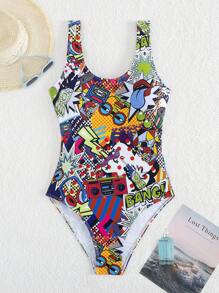 Traje de baño de una pieza sexy con estampado no especificado, suave, piel amigable, que estiliza la figura. Traje de baño popular de estilo europeo y americano, con estampado no fijo, estampado retro, nuevo estilo de bikini para playa y . - impresión - Ver 6