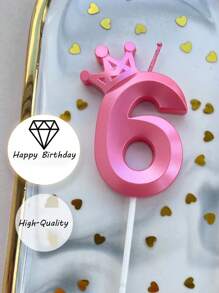 1pc Crown Shaped Numeric Birthday Candle, Colorful Party Decoration - Baby Pink - View 9