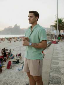 Men's Short Sleeve Shirt With Priest Collar Elegant Casual Party Work - أخضر - مشاهدة 4