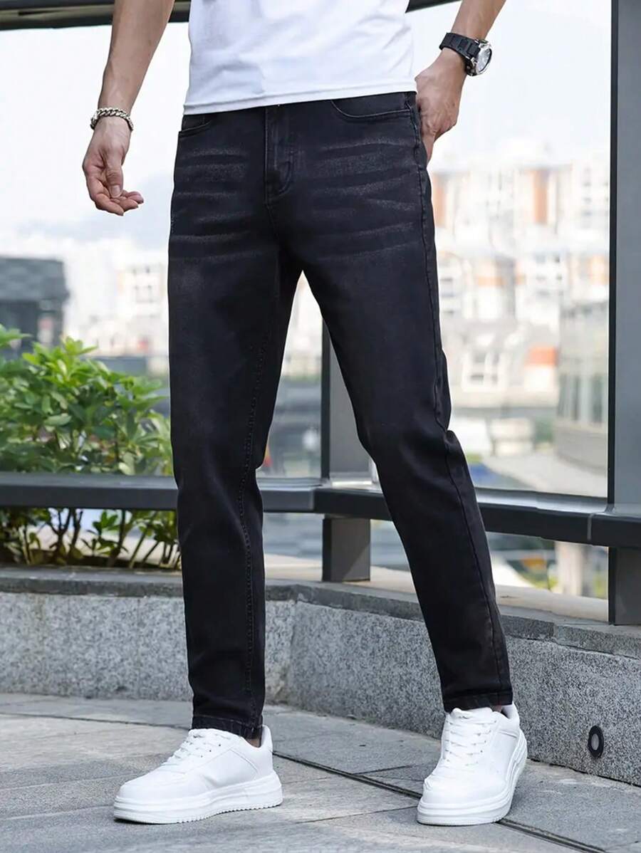 Men's Simple Fashionable Casual Denim Jeans - Black - View 1