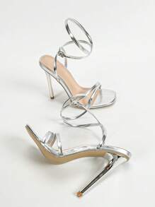 1双时尚女士高跟凉鞋，金属带凉鞋，交叉带凉鞋，简约方头凉鞋，银色电镀高跟凉鞋，细跟凉鞋，夏季户外凉鞋，女士银色凉鞋情人节礼物，细高跟鞋 - 銀色 - 查看 7